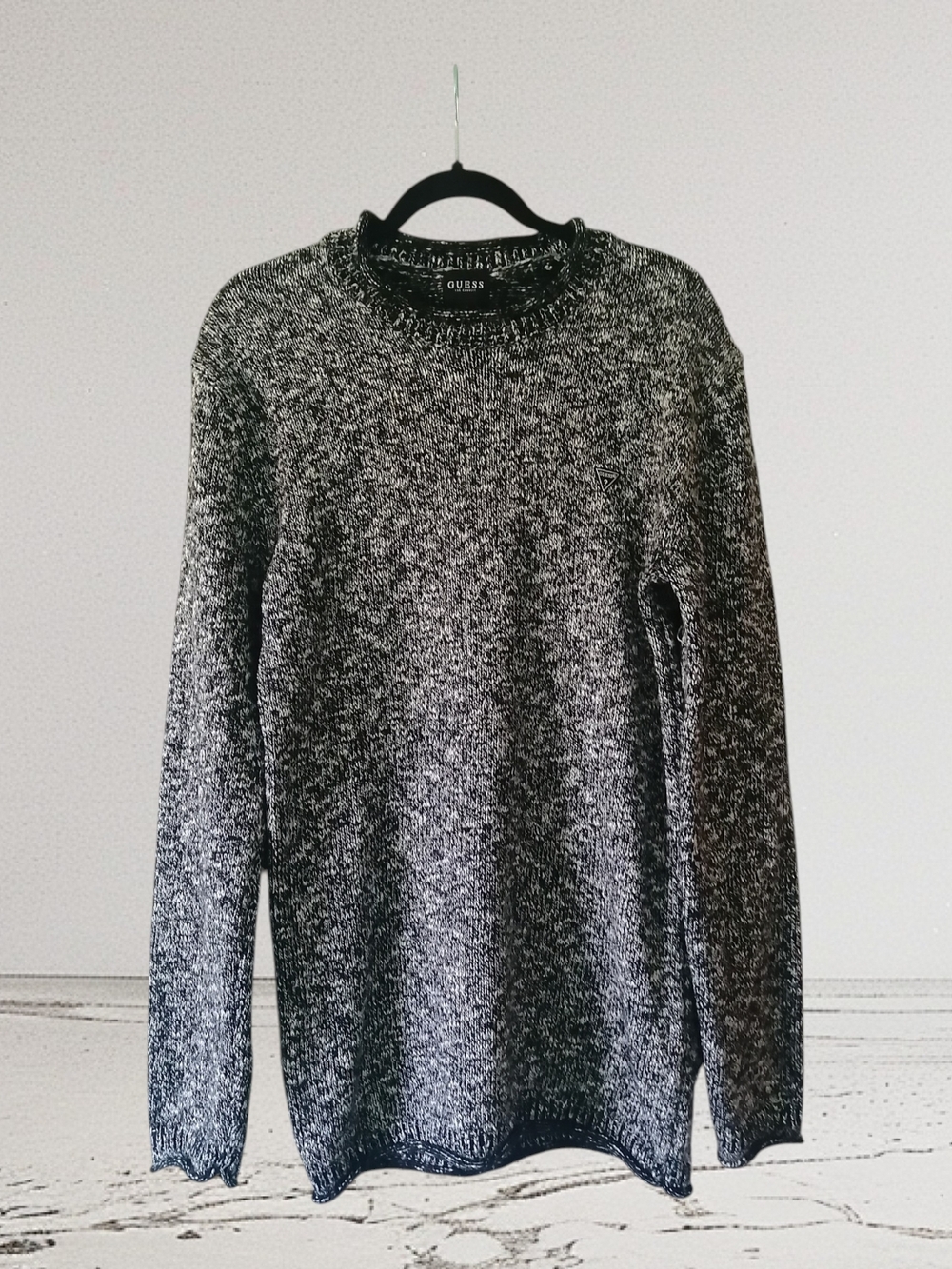 GUESS Men's Black & White Marled Crewneck Sweater